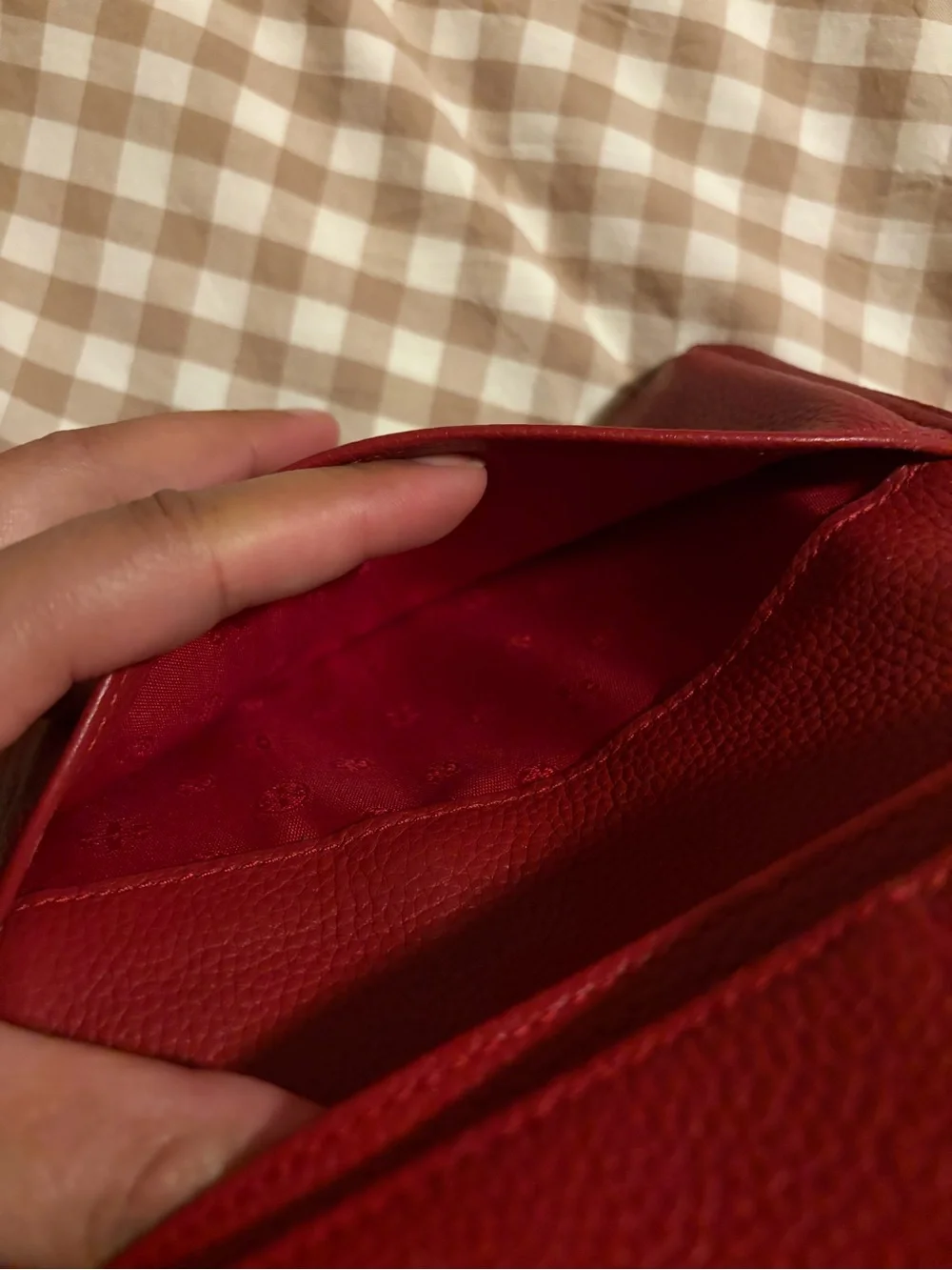 TORY BURCH Red Leather Wristlet with Gold Logo Accent